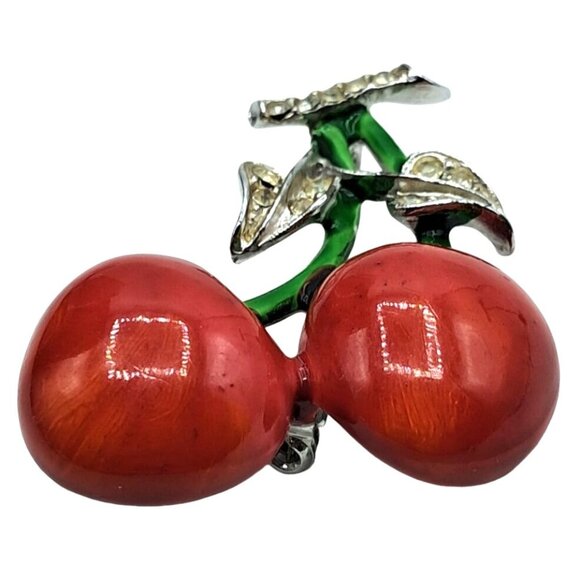 Vintage Cherry Brooch Enamel With Clear Rhinestone Leaves Figural Pin Costume Je - Picture 2 of 10